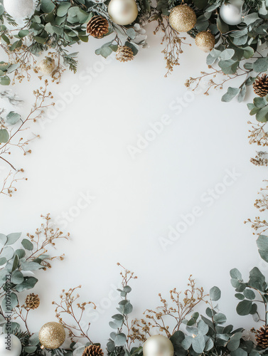 Festive Christmas wreath decorations frame Festive Winter Decoration with Green Garlands and Golden Ornaments on a Frosty White Background, Perfect for Seasonal Text and Holiday Greetings