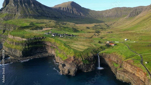 Beautiful landscape scenery of the Faroe islands at Gasadalur photo