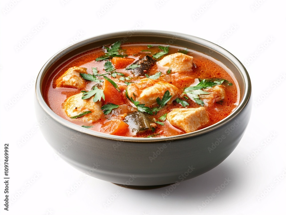A bowl of bouillabaisse seafood soup dish on white background A bowl of bouillabaisse seafood soup dish on white background