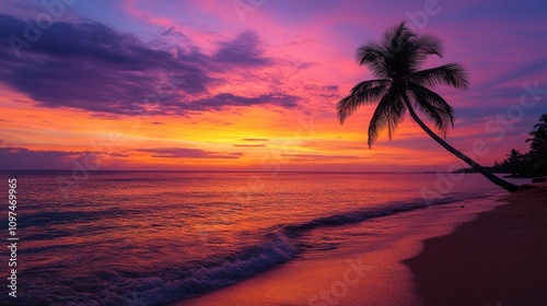 Vibrant Tropical Sunset Silhouetted Palm Tree on a Pink and Orange Beach - Stunning Ocean View