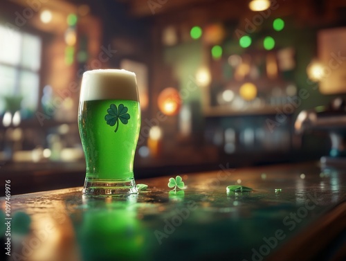 Festive St. Patrick's Day Green Beer Pint in Irish Pub Setting - Atmospheric Image photo