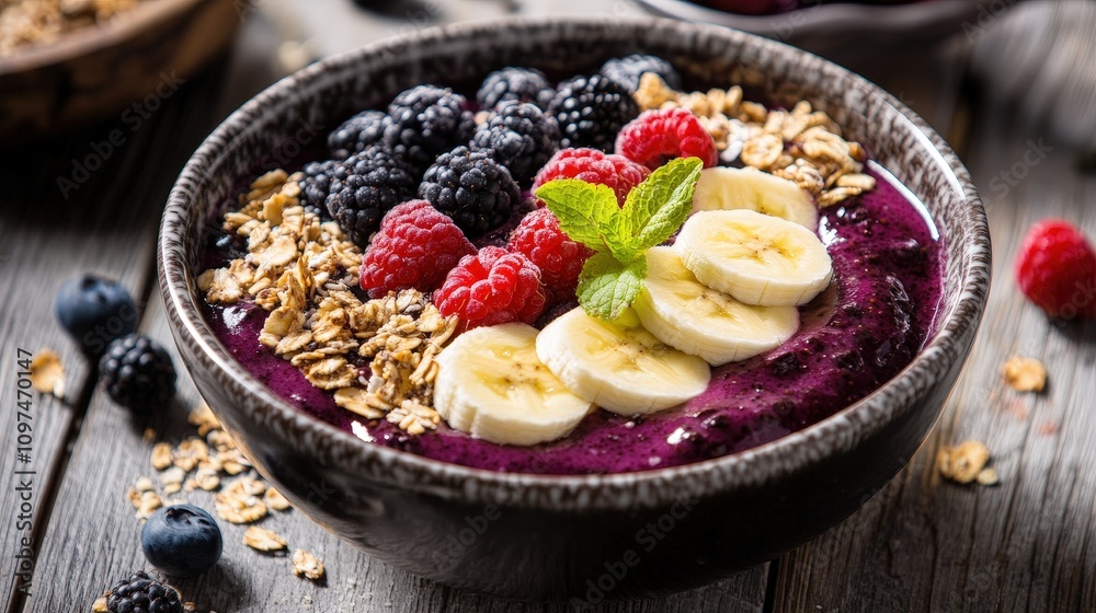 A bowl of vibrant acai topped with granola, bananas, and berries A bowl of vibrant acai topped with granola, bananas, and berries