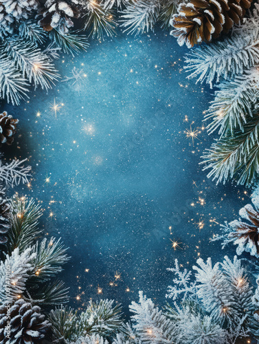 Festive Christmas wreath decorations frame Enchanting Winter Wonderland Scene with Sparkling Stars and Frosted Pinecones Framing a Blank Center for Seasonal Creativity