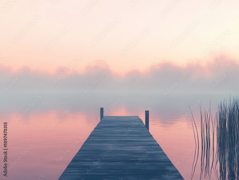 Serene Pink Dawn Wooden Dock Extending into Misty Lake at Sunrise - Tranquil Landscape Photography
