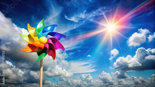 A vibrant rainbow pinwheel spins joyfully against a backdrop of bright sunshine and fluffy clouds, a cheerful scene of summer's playful energy. photo