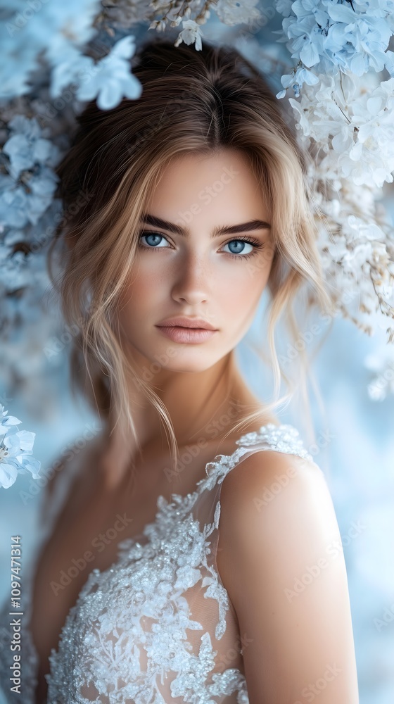 A captivating portrait showcases a model with striking blue eyes and soft, flowing hair. She stands amidst a backdrop of delicate white flowers, exuding grace and elegance in a serene setting. A captivating portrait showcases a model with striking blue eyes and soft, flowing hair. She stands amidst a backdrop of delicate white flowers, exuding grace and elegance in a serene setting.