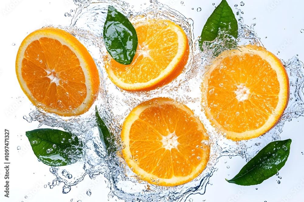Fresh orange slices and green leaves splashing in water, citrus fruit explosion with vibrant colors Fresh orange slices and green leaves splashing in water, citrus fruit explosion with vibrant colors
