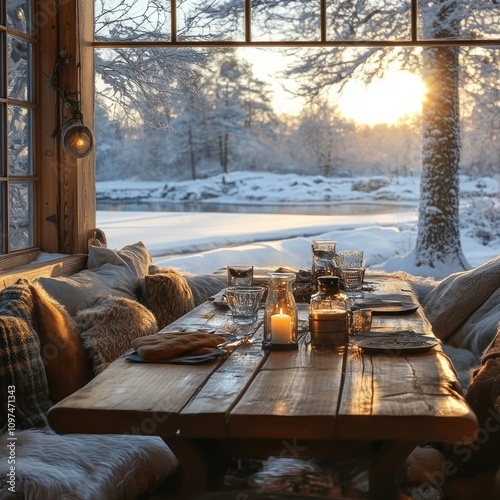 Winter Sunset Cabin Table S...