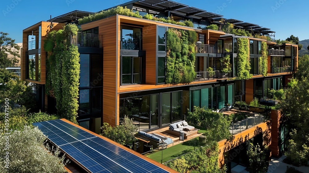 Obraz premium Integrated solar panel systems promote sustainability in housing.