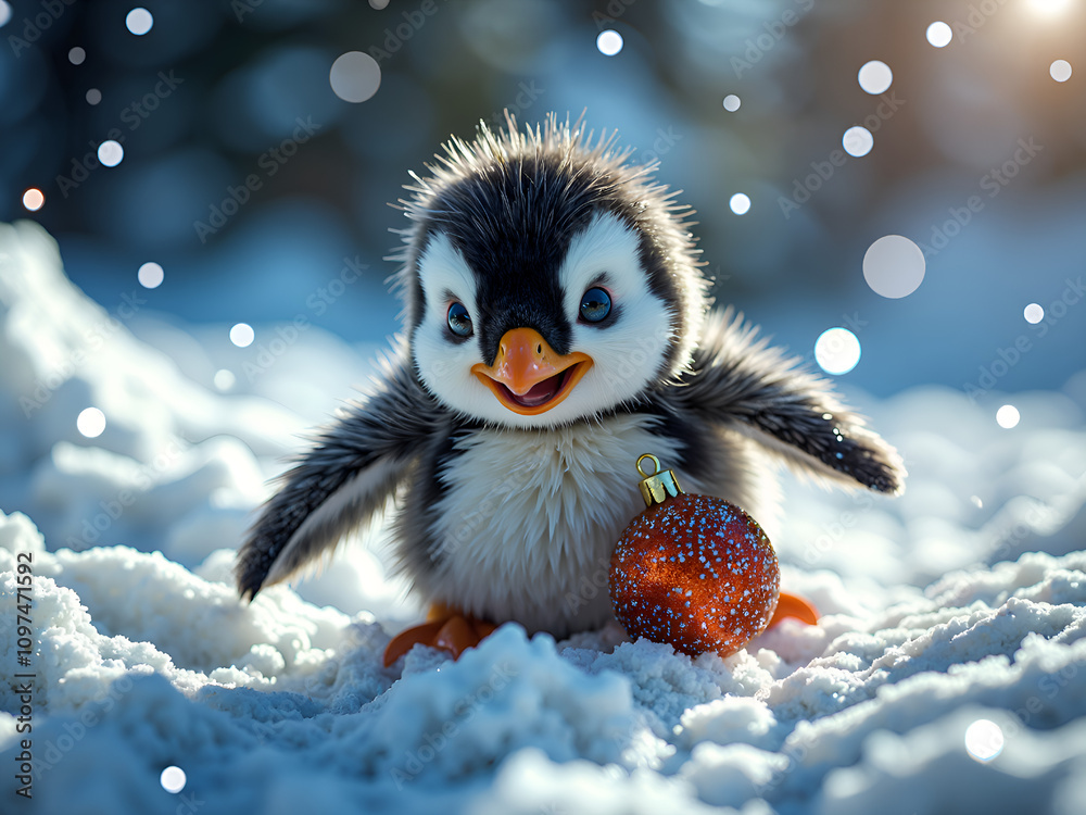 Adorable baby penguin with ornament in winter wonderland setting, photorealistic of wildlife concept. Adorable baby penguin with ornament in winter wonderland setting, photorealistic of wildlife concept.