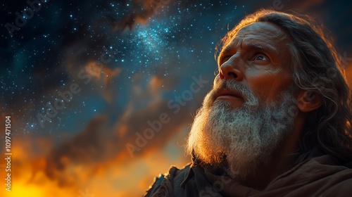 Abraham talking to God and looking at the stars in the sky. Abraão conversando com Deus e olhando as estrelas do céu
