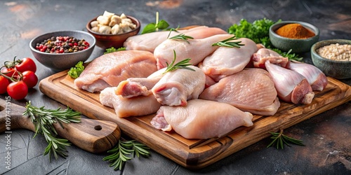 Assorted raw chicken meat pieces on a cutting board , raw, chicken, meat, portions, raw poultry, uncooked, pieces photo