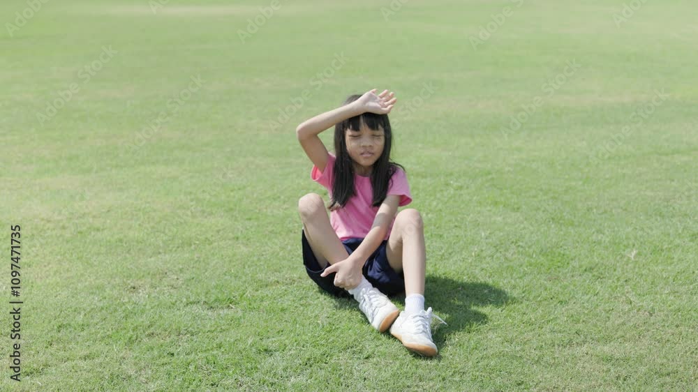 A cute Asian kid girl is resting after her morning exercise in the hot sun until she is exhausted. When her body can't take it anymore, she lies down on the green grass in different poses and angles. A cute Asian kid girl is resting after her morning exercise in the hot sun until she is exhausted. When her body can't take it anymore, she lies down on the green grass in different poses and angles.