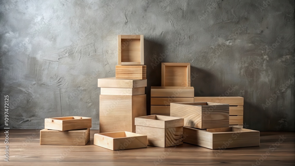 A Collection of Unfinished Wooden Boxes Arranged on a Wooden Surface Against a Textured Concrete Wall A Collection of Unfinished Wooden Boxes Arranged on a Wooden Surface Against a Textured Concrete Wall