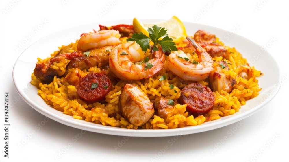 A mouthwatering plate of Spanish paella loaded with saffron-infused rice, tender chicken, spicy chorizo A mouthwatering plate of Spanish paella loaded with saffron-infused rice, tender chicken, spicy chorizo