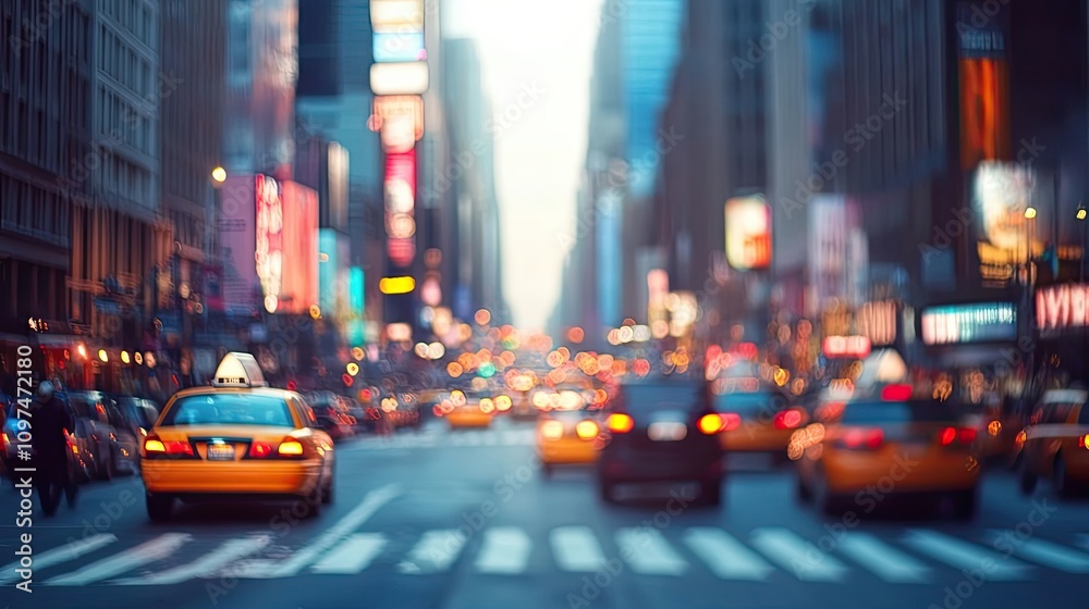 A Blurred Cityscape with a Yellow Cab in the Foreground A Blurred Cityscape with a Yellow Cab in the Foreground