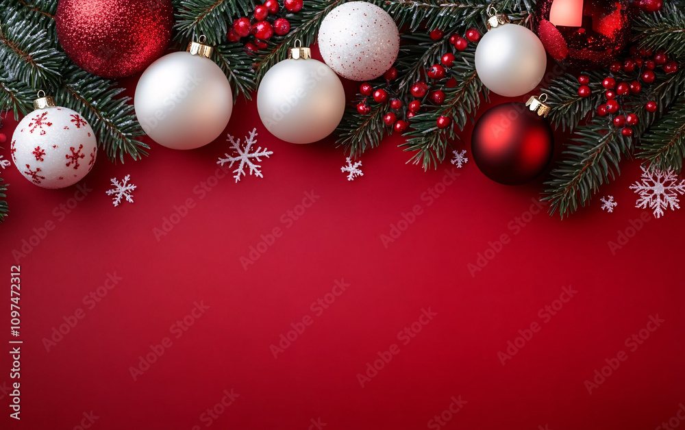 A vibrant Christmas flat lay featuring red and white ornaments, green pine needles, and holly leaves. Ideal for festive cards, holiday invitations, and seasonal décor. A vibrant Christmas flat lay featuring red and white ornaments, green pine needles, and holly leaves. Ideal for festive cards, holiday invitations, and seasonal décor.