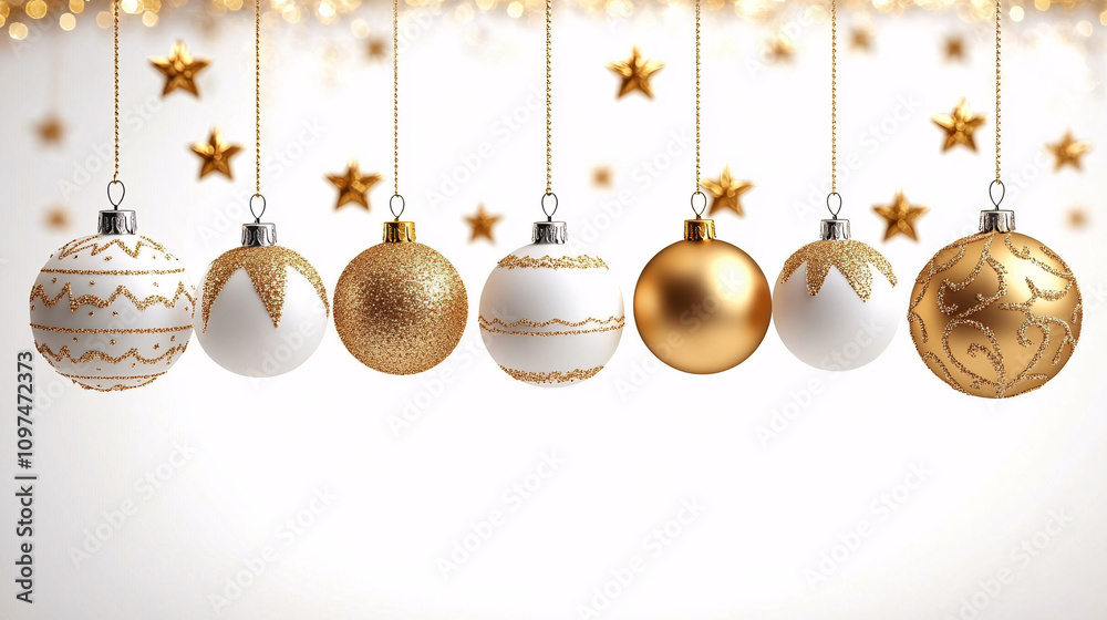 A charming arrangement of golden and white Christmas ornaments floating against a bright white background, ideal for holiday marketing, cards, and festive decor. A charming arrangement of golden and white Christmas ornaments floating against a bright white background, ideal for holiday marketing, cards, and festive decor.