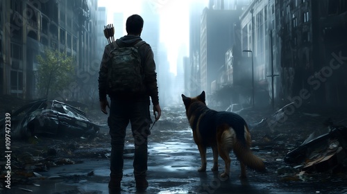 A man carrying a quiver full of arrows stands in the midst of a deserted city, with a loyal dog by his side. The atmosphere is dark and eerie, reflecting a post-apocalyptic landscape.