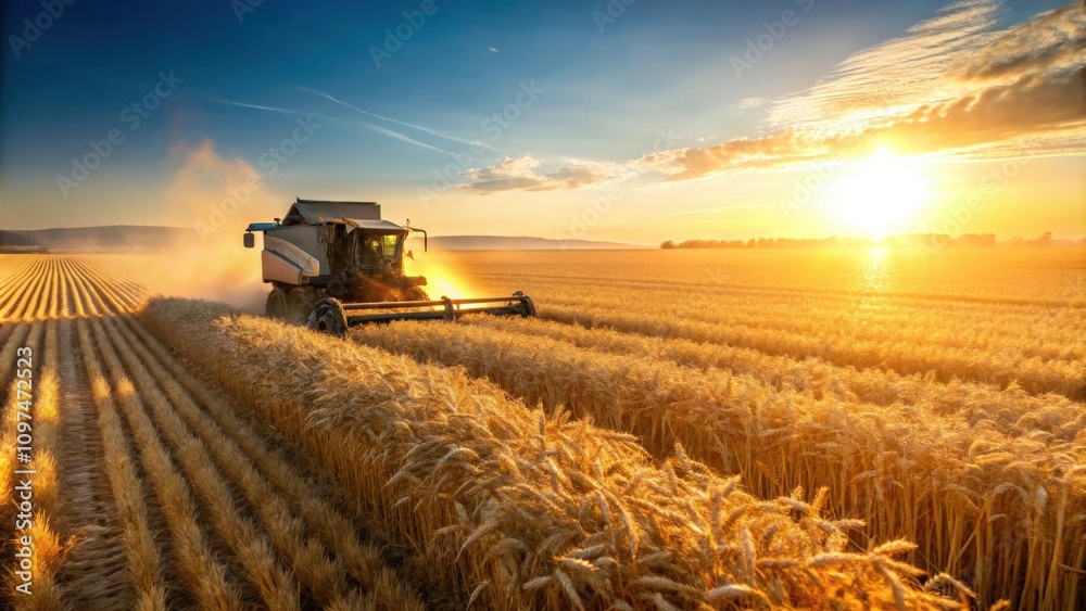 Fototapeta premium Golden Hour Harvest A Combine Harvester Gathers Ripe Wheat Under a Vibrant Sunset