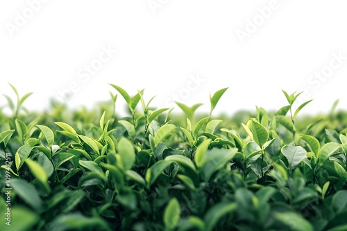 Lush green tea leaves field in misty atmosphere, fresh plantation with dense foliage
