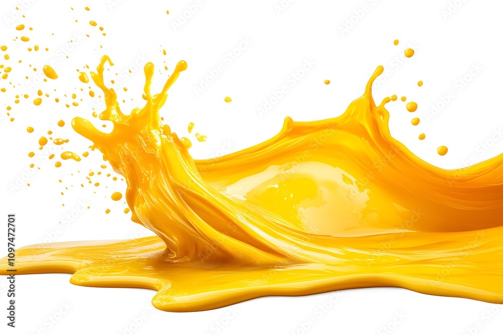 Fototapeta premium Dynamic splash of yellow paint isolated on white background, vibrant liquid motion with drops
