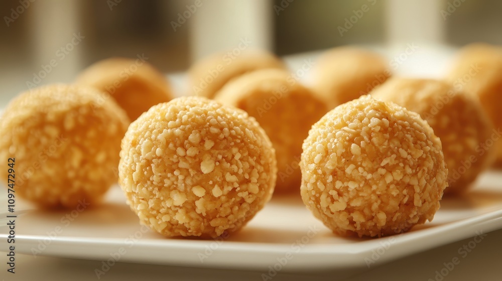 Golden, crunchy dessert balls on plate. Perfect for food blogs, recipes, and menus showcasing sweet treats. Golden, crunchy dessert balls on plate. Perfect for food blogs, recipes, and menus showcasing sweet treats.
