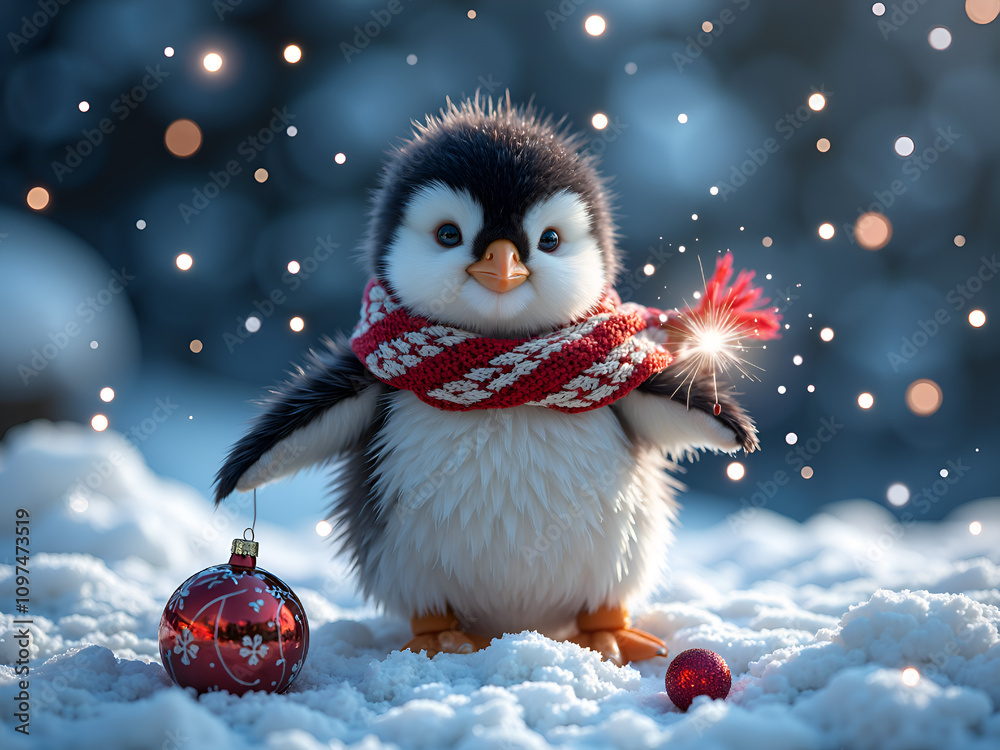 Obraz premium Adorable penguin in a scarf surrounded by snow and ornaments on a festive day, digital art of whimsical concept.