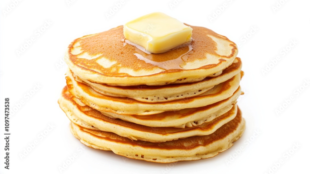 A neatly stacked pile of golden pancakes with a pat of butter melting on top, Each pancake’s warm color and subtle imperfections captured with precision A neatly stacked pile of golden pancakes with a pat of butter melting on top, Each pancake’s warm color and subtle imperfections captured with precision