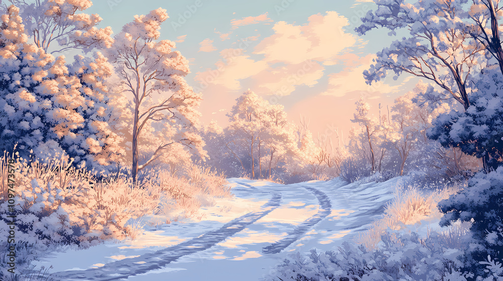 Frosty path in the forest, with snow-covered trees, frosty ground, and a clear winter sky, creating a serene winter landscape, serene, cool tones, wide angle. Chilled Frostbite Forest. Illustration Frosty path in the forest, with snow-covered trees, frosty ground, and a clear winter sky, creating a serene winter landscape, serene, cool tones, wide angle. Chilled Frostbite Forest. Illustration