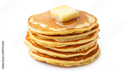 A neatly stacked pile of golden pancakes with a pat of butter melting on top, Each pancake’s warm color and subtle imperfections captured with precision