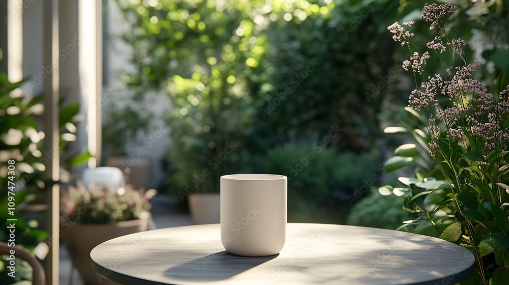 White Cup on Table Outdoors in Lush Greenery White Cup on Table Outdoors in Lush Greenery