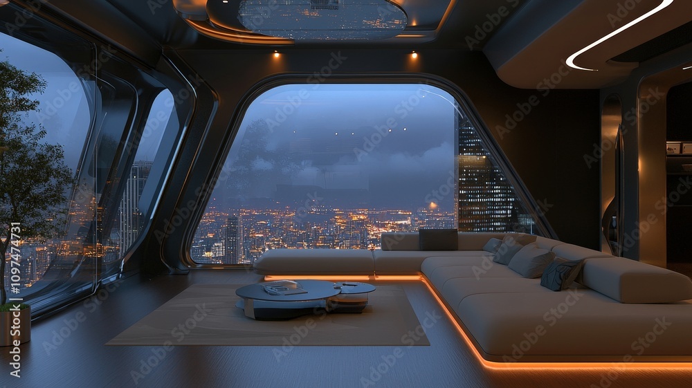 A modern, stylish lounge with large windows offering a stunning city view at night, illuminated by ambient lighting. A modern, stylish lounge with large windows offering a stunning city view at night, illuminated by ambient lighting.