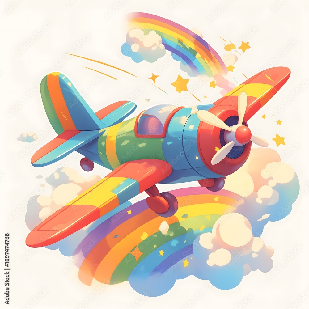 Obraz premium A retro-styled airplane flying through a rainbow-colored sky. The plane is painted in vibrant colors of orange, yellow, and blue. It is surrounded by fluffy white clouds.