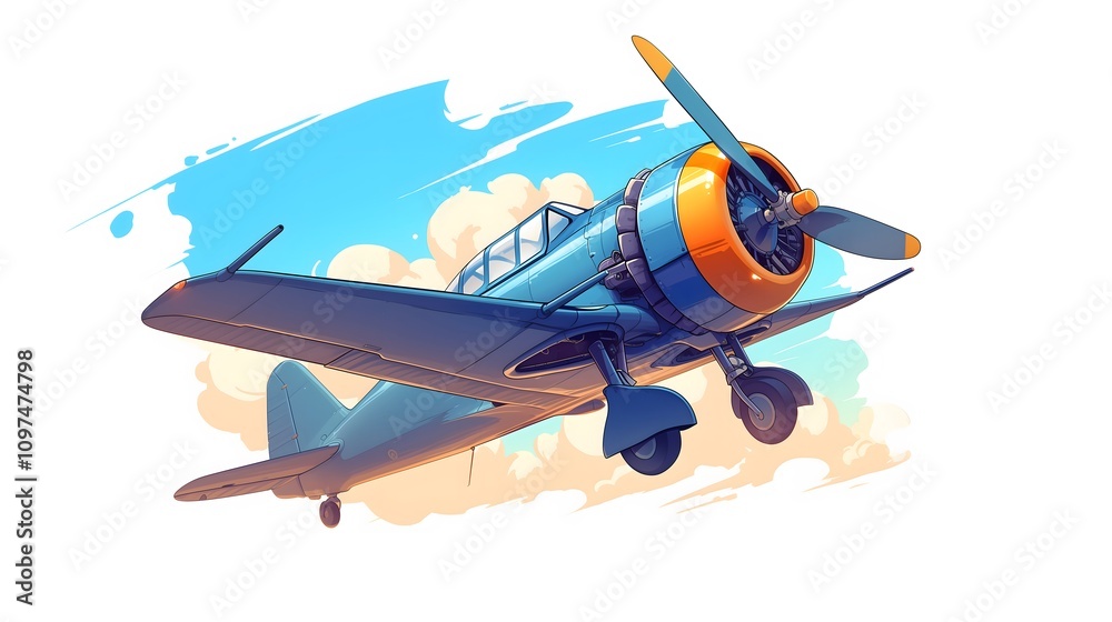 A retro-styled airplane flying through a rainbow-colored sky. The plane is painted in vibrant colors of orange, yellow, and blue. It is surrounded by fluffy white clouds. A retro-styled airplane flying through a rainbow-colored sky. The plane is painted in vibrant colors of orange, yellow, and blue. It is surrounded by fluffy white clouds.