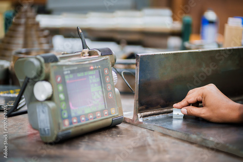 UT, Ultrasonic testing to detect imperfection or defect in welding of steel plate fillet joint coupon for welder test quanlified . NDT Inspection. photo