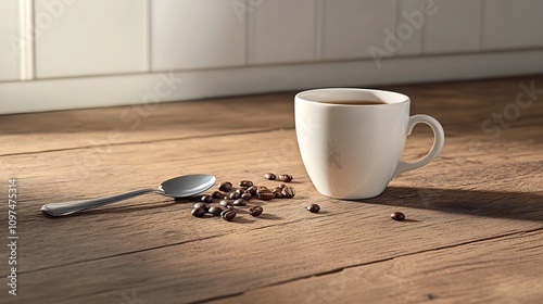 Coffee cup beans spoon on wooden table