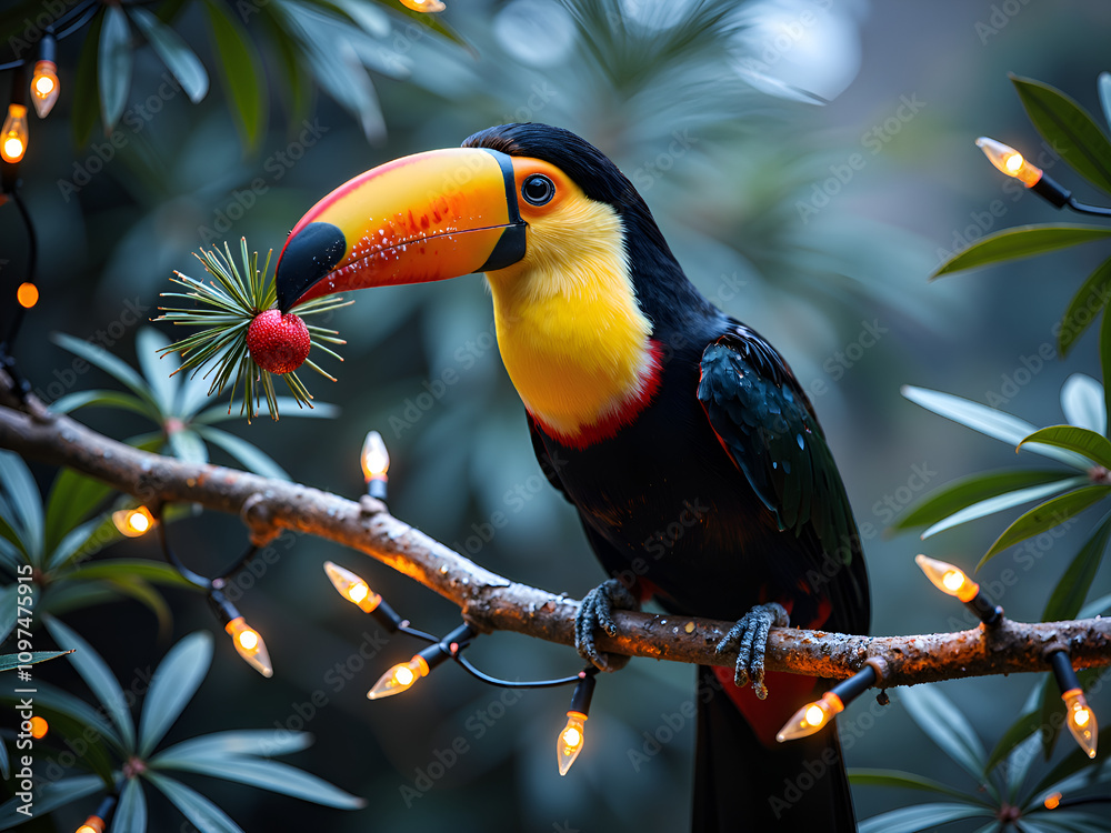 Fototapeta premium A colorful toucan pausing amidst holiday lights and pine branches, digital painting of wildlife photography concept.