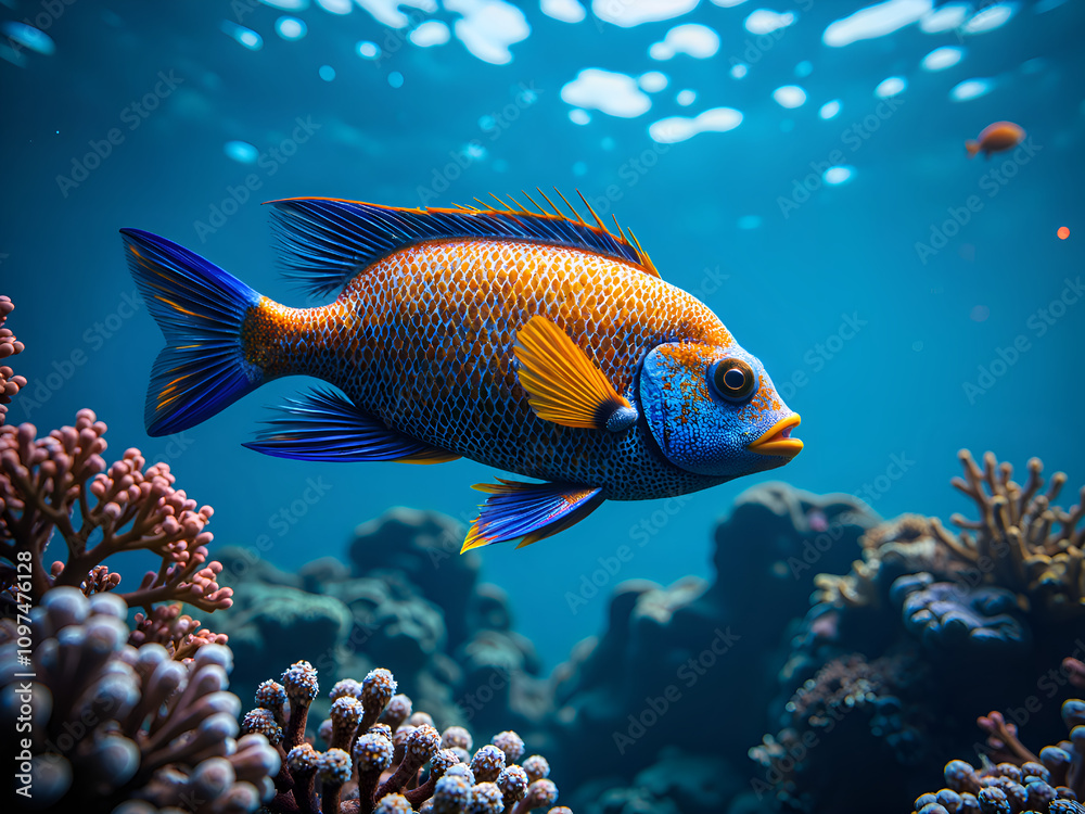 Fototapeta premium Vibrant underwater scene featuring a colorful fish swimming among coral reefs, photorealistic of underwater life concept.