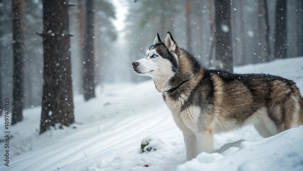 Fototapeta premium A close-up of a Siberian Husky standing in a snowy forest