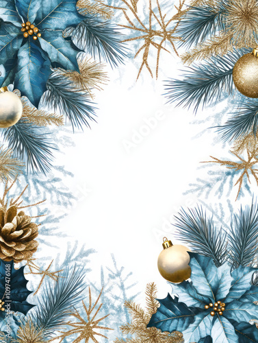 Festive Christmas wreath decorations frame Frosted Branches Adorned with Golden Ornaments and Blue Poinsettias Creating a Beautiful Holiday Background for Text and Decoration