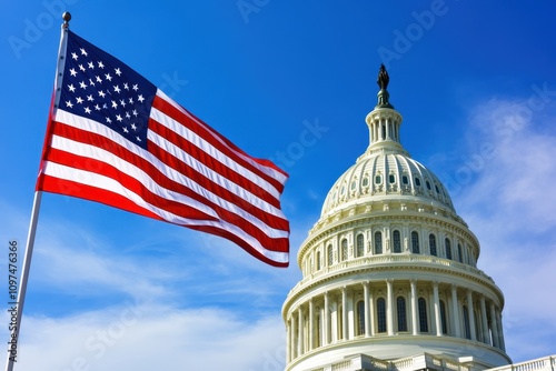 American flag waving proudly in the foreground with the U.S. Capitol building