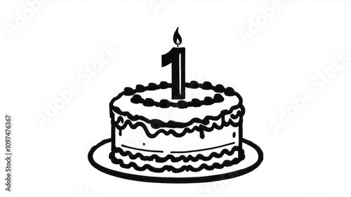 Birthday cake, burning candle, Happy First Birthday badge. Cake with a candle in the form of a number 1