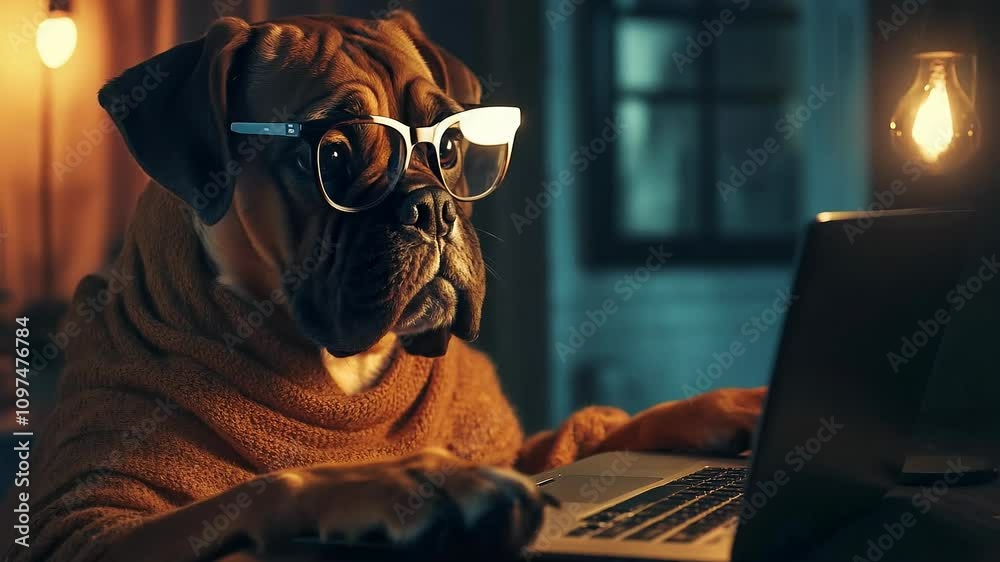 Charming Dog Using Laptop in Cozy Room with Warm Lighting Charming Dog Using Laptop in Cozy Room with Warm Lighting