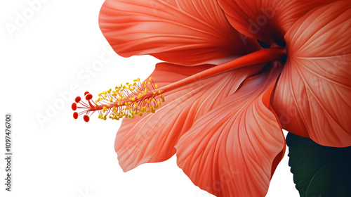 close-up of a hibiscus flower with bright red petals and a yellow stamen, photorealistic on a plain white background photo