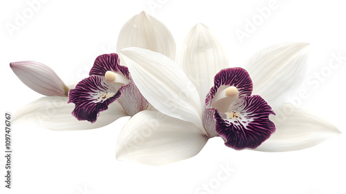 exotic orchid flower with white petals and a vibrant purple center, placed on a pure white background