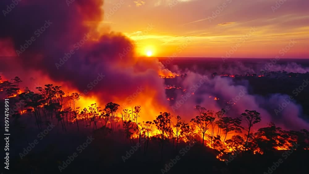 A dramatic sunset over a forest fire, showcasing smoke and flames amid a vibrant sky. A dramatic sunset over a forest fire, showcasing smoke and flames amid a vibrant sky.