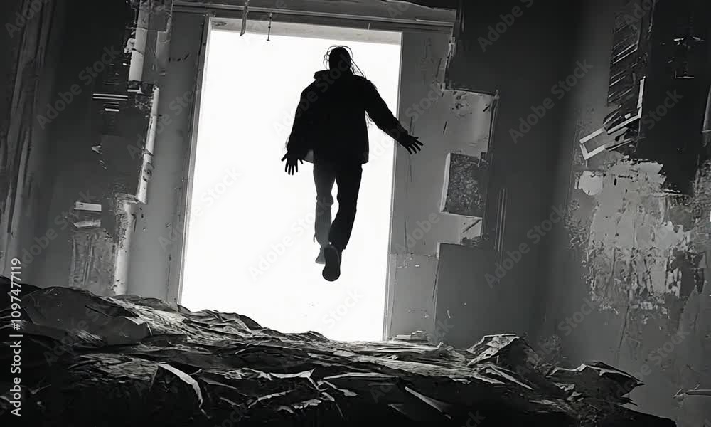 A figure levitates in a dimly lit room, surrounded by debris and a bright light source.
