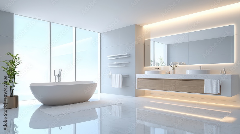 Luxurious bathroom with a freestanding tub, marble countertops, and ambient lighting reflecting off sleek, modern fixtures. Luxurious bathroom with a freestanding tub, marble countertops, and ambient lighting reflecting off sleek, modern fixtures.