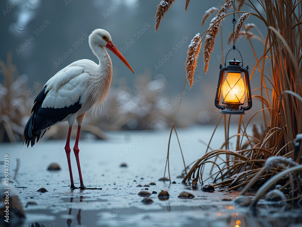 Fototapeta premium A serene stork standing by a lantern in a misty marsh at dawn, photorealistic of nature concept.